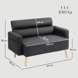 HOMCOM 2 Seater Sofa Settee, Modern Faux Leather Couch with Wood Legs in Black - thumbnail 3
