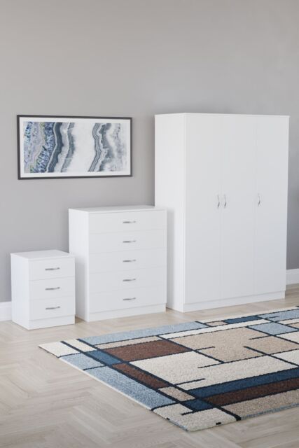 Home Discount Riano 3Pc Bedroom Set - 3 Drawer Bedside, 5 Drawer Chest & Wardrobe in White - image 1