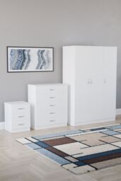 Home Discount Riano 3Pc Bedroom Set - 3 Drawer Bedside, 5 Drawer Chest & Wardrobe in White - thumbnail 1