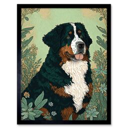 "Artery8 Wall Art Print Bernese Mountain Dog in Wildflower Field Modern Art Framed in Black - Size: W12"" x H16""" - thumbnail 1