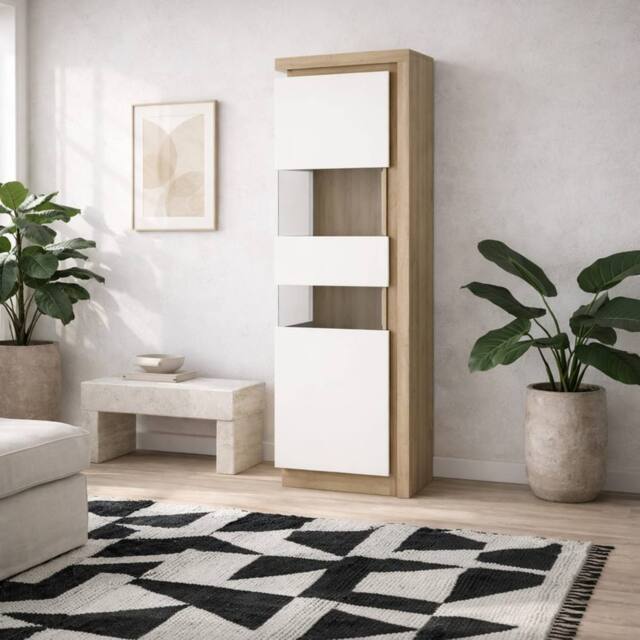 Wyld Haus Hjorring Tall Narrow Display Cabinet White Gloss & Natural Oak - image 1