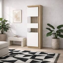 Wyld Haus Hjorring Tall Narrow Display Cabinet White Gloss & Natural Oak - thumbnail 1