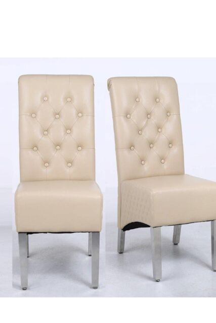 Modernique A Pair (x2) Leather Aire High Back Dining Chairs with Chrome Legs in Beige - image 1