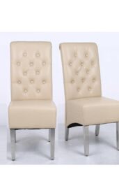 Modernique A Pair (x2) Leather Aire High Back Dining Chairs with Chrome Legs in Beige - thumbnail 1