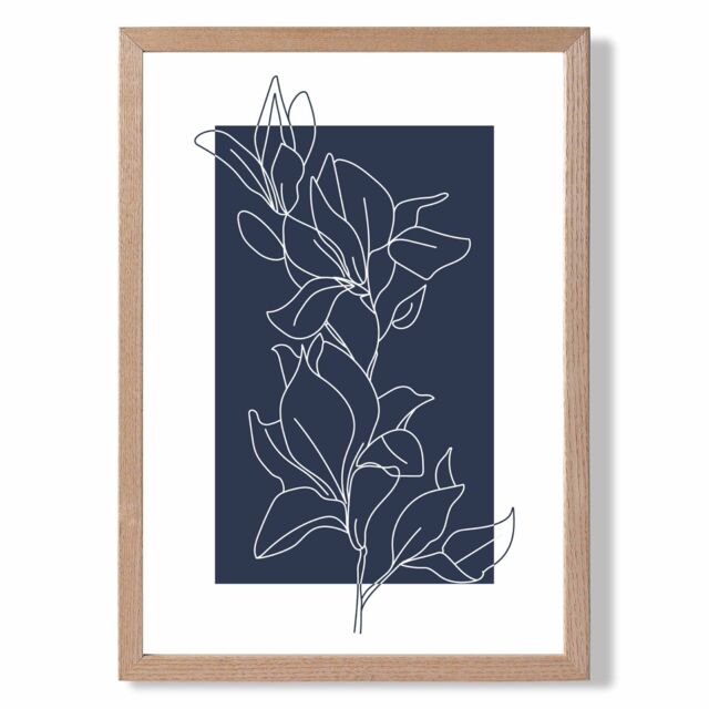 ARTZE Abstract Navy Blue & White Floral Line Art Framed Print SIZE: A4 with Oak Frame - image 1