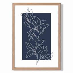 ARTZE Abstract Navy Blue & White Floral Line Art Framed Print SIZE: A4 with Oak Frame - thumbnail 1