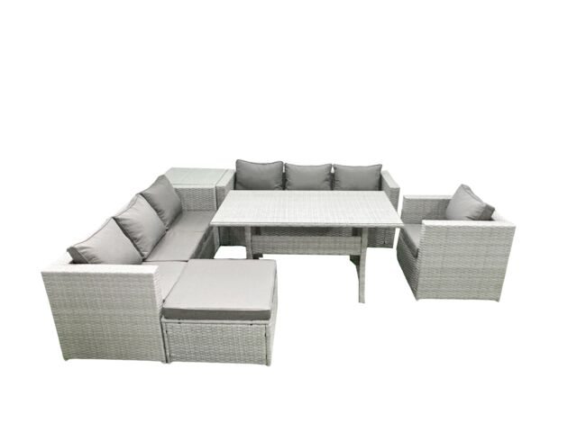 Fimous 6 Pieces Outdoor Rattan Sofa Set with Cushions Patio Garden Furniture Sets with Armchair Dining Table Side Table Big Footstool in Light Grey - image 1