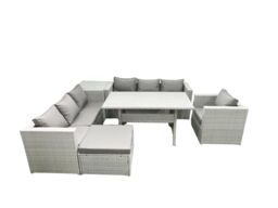 Fimous 6 Pieces Outdoor Rattan Sofa Set with Cushions Patio Garden Furniture Sets with Armchair Dining Table Side Table Big Footstool in Light Grey - thumbnail 1