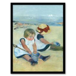 Artery8 Children Playing on the Beach Cassatt Vintage Framed Wall Art Print - Size: A4 - thumbnail 1