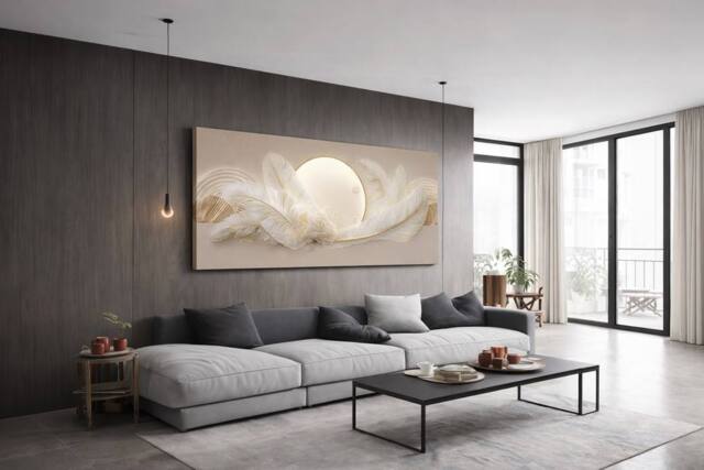 Mafett Large Feather Canvas Wall Art Elegant Neutral Luxury Wall Decor in Beige - image 1