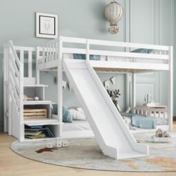 Matteo Bunk Bed With Stairs & Slide, Solid Pine Wood Frame, Children Bed With 2 Drawers In The Steps in White - Size: Double