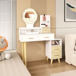 HOMCOM Dressing Table with Mirror, Vanity Table with LED Lights, White - thumbnail 2