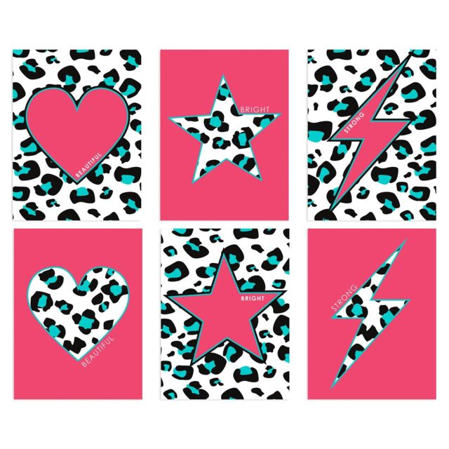 Wee Blue Coo Pack of 6 Pink & Turquoise Leopard Pattern & Bold Shapes Beautiful Bright Strong Typography Unframed Wall Art Living Room Prints Set - image 1