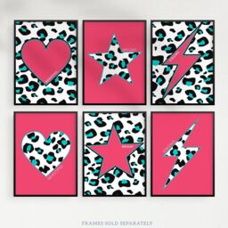 Wee Blue Coo Pack of 6 Pink & Turquoise Leopard Pattern & Bold Shapes Beautiful Bright Strong Typography Unframed Wall Art Living Room Prints Set - thumbnail 5