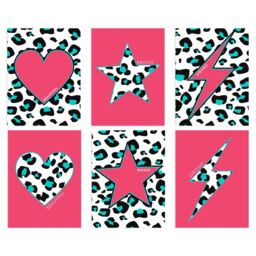 Wee Blue Coo Pack of 6 Pink & Turquoise Leopard Pattern & Bold Shapes Beautiful Bright Strong Typography Unframed Wall Art Living Room Prints Set - thumbnail 1