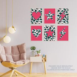 Wee Blue Coo Pack of 6 Pink & Turquoise Leopard Pattern & Bold Shapes Beautiful Bright Strong Typography Unframed Wall Art Living Room Prints Set - thumbnail 3