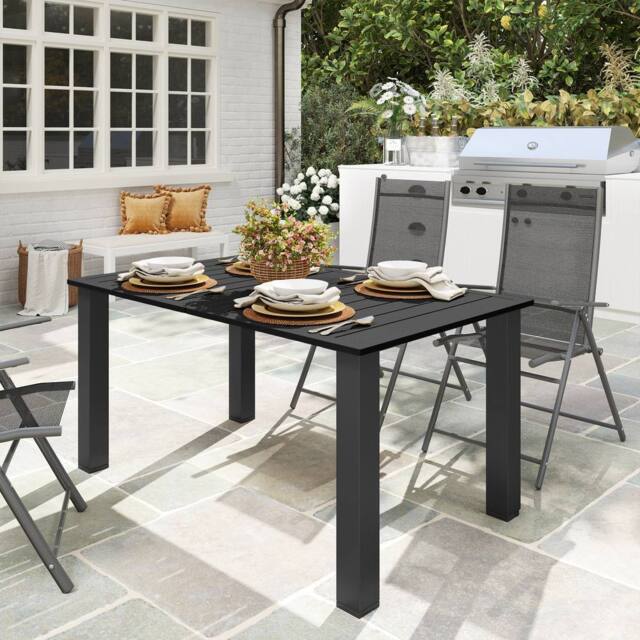 OUTSUNNY Garden Table with Parasol Hole, Slatted Metal Tabletop, Black - image 1