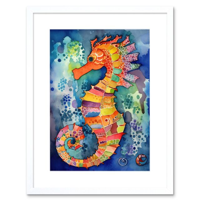 "Artery8 Wall Art Print Vibrant Colour Pattern Seahorse Folk Artwork Framed 9X7 Inch in White - Size: W7"" x H9""" - image 1