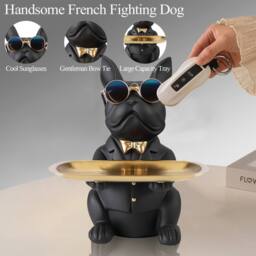 Huhote Resin Bulldog Statue with Tray Sitting Sculpture for Home Table Decor in Black - thumbnail 3