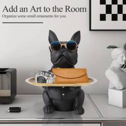 Huhote Resin Bulldog Statue with Tray Sitting Sculpture for Home Table Decor in Black - thumbnail 5