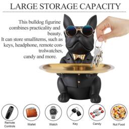 Huhote Resin Bulldog Statue with Tray Sitting Sculpture for Home Table Decor in Black - thumbnail 6