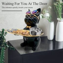 Huhote Resin Bulldog Statue with Tray Sitting Sculpture for Home Table Decor in Black - thumbnail 2