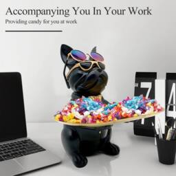 Huhote Resin Bulldog Statue with Tray Sitting Sculpture for Home Table Decor in Black - thumbnail 4