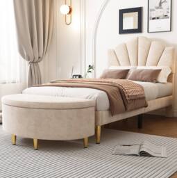 STILVORA 3ft Single Upholstered Bed with Storage & Velvet in Beige - thumbnail 4