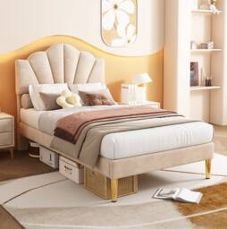 STILVORA 3ft Single Upholstered Bed with Storage & Velvet in Beige - thumbnail 6