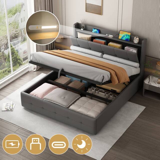 Matteo Grey 4ft6 Double Ottoman Bed with Charging & LED Light - image 1