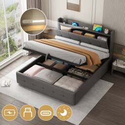 Matteo Grey 4ft6 Double Ottoman Bed with Charging & LED Light
