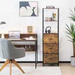 Costway Industrial Bookshelf 3Drawer Dresser Narrow Storage Rack w/ Steel Frame in Brown - thumbnail 4