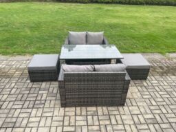 Fimous Garden Patio Furniture Wicker Rattan Oblong Rectangular Dining Table & Loveseat Sofa set with 2 Big Footstool in Dark Grey - thumbnail 2