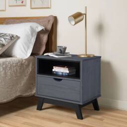 FORGEVIO Bedside Cabinet Distressed Grey Wax Solid Pine Mercers Furniture in Dark Blue - thumbnail 1