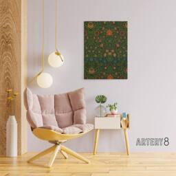 "Artery8 Violet & Columbine Floral Pattern Morris Canvas Wall Art in Green - Size: W18"" x H24""" - thumbnail 3