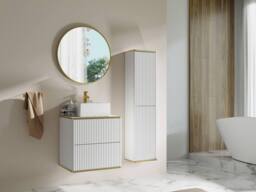 Vente-unique Fluted Wall-Hung Bathroom Tall Unit With Gold Trim - White - H140 Cm - thumbnail 1