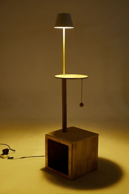 Floor Lamp with Cat Climbing Frame & Built-in Cat House in Natural - image 1