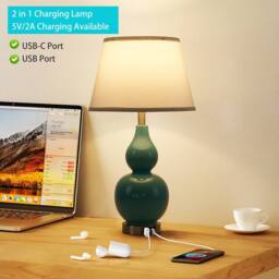 NIVOR 62.4cm Teal Ceramic Table Lamp With USB Ports & Bulb Included 2 Set - thumbnail 4