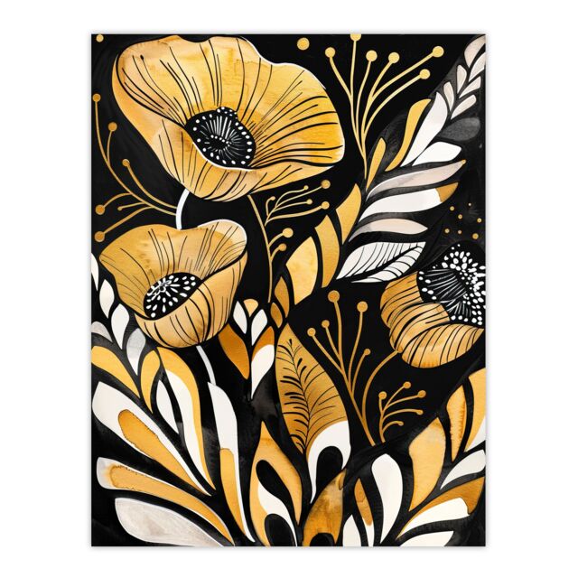 "Artery8 Abstract Poppies Gold Black Floral Watercolour Wall Art Print - Size: W24"" x H32""" - image 1