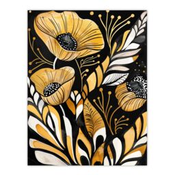 "Artery8 Abstract Poppies Gold Black Floral Watercolour Wall Art Print - Size: W24"" x H32""" - thumbnail 1