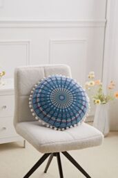 Living and Home 43cm/16.93in Boho Chic Round Feather Throw Pillow Cover Floor Pillow Cover in Blue - thumbnail 2
