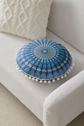 Living and Home 43cm/16.93in Boho Chic Round Feather Throw Pillow Cover Floor Pillow Cover in Blue - thumbnail 1