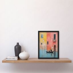 Artery8 Wall Art Print Venice Canal Gondola Ride Oil Painting Blue Pink Yellow Pastel Colour Rower Boat on River Artwork Framed A4 in Black - thumbnail 2