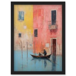 Artery8 Wall Art Print Venice Canal Gondola Ride Oil Painting Blue Pink Yellow Pastel Colour Rower Boat on River Artwork Framed A4 in Black - thumbnail 1
