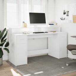 Berkfield Home Desk with LED Lights White 160x55x91 cm Engineered Wood - Size: 160 x 55 x 91 cm - thumbnail 4