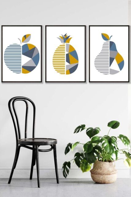 ARTZE Geometric Fruit Apple Blue Yellow Framed Wall Art - Large in Black - Size: W53 cm x H73 cm x D20mm - image 1