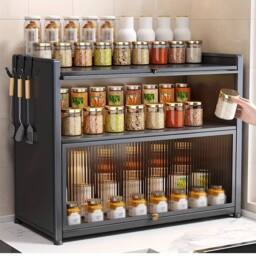 FORGEVIO Two-Layer Spice Cabinet w/Flip-Top Drawers Large Capacity, for Kitchen in Grey