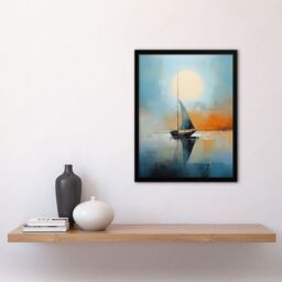 Artery8 Wall Art Print Seascape Modern Abstract Sailboat Boat Artwork Calm Elegant Blue On Orange Art Framed in Black - Size: A4 - thumbnail 4