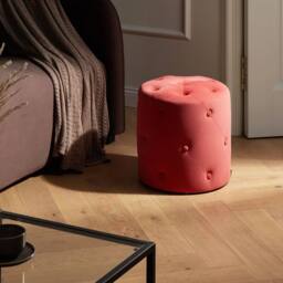 Wyld and Coco Round Tufted Coral Red Velvet Chesterfield Pouffe - thumbnail 1