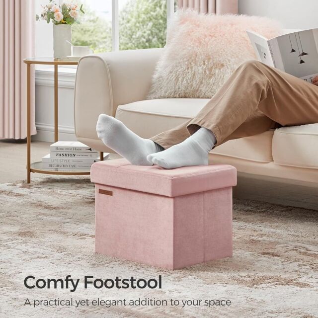 SONGMICS Compact Rectangular Foldable Storage Ottoman Foot Rest Bedroom in Light Pink - image 1